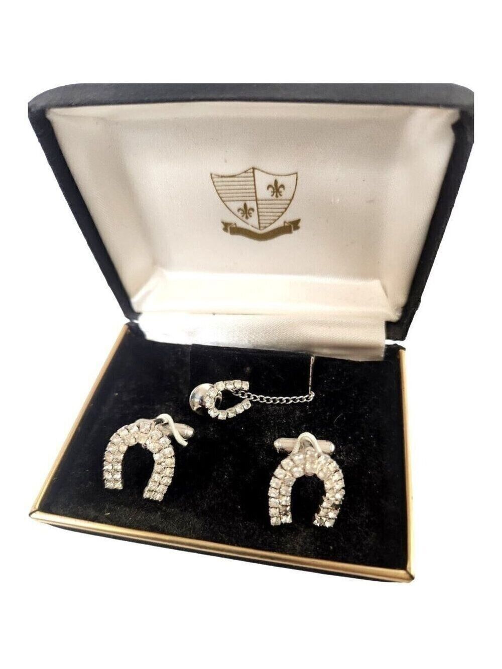 Vintage Silver Horseshoe Cufflinks Tie Pin Set with Rhinestones in Original Box